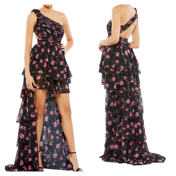 Mac Duggal New 70246 Black One Shoulder Ruffled Rose Print High-Low Dress Size 2 - Picture 1 of 7